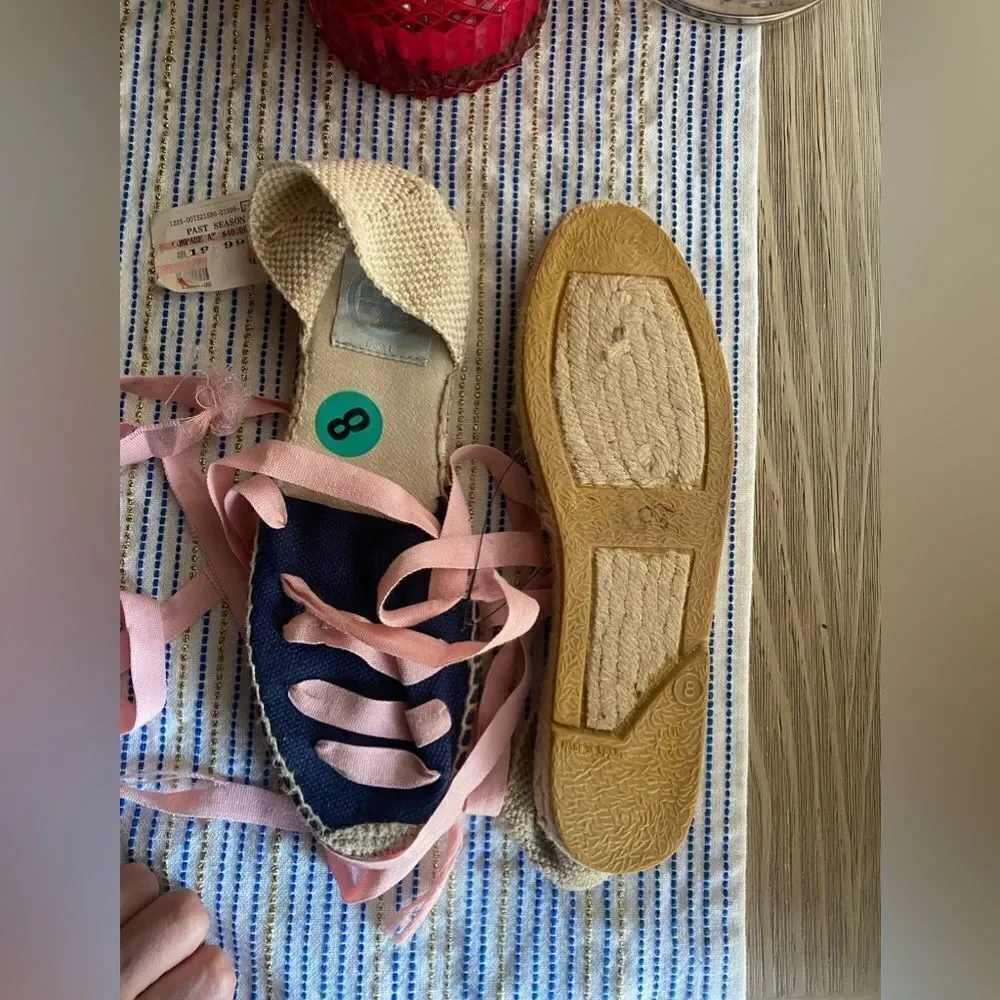 Tory Burch Womens Espadrilles size 8 Navy /pink Ankle Wrap Woven Natural NEW
